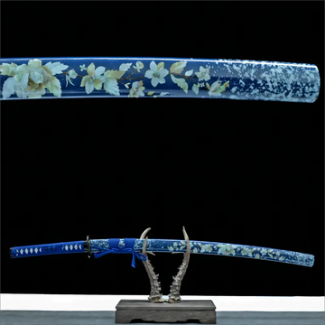 Handmade - Blue Heat Treatment Engraving Blade - Azure Blossom Katana