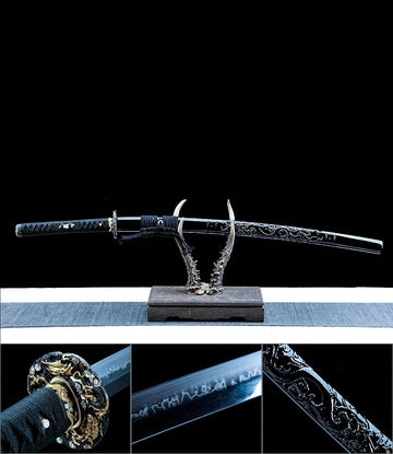 Authentic Japanese Katana Self-Refined Steel Hand Forged Sturdy Tactical Swords - Black Realm Dragon Katana