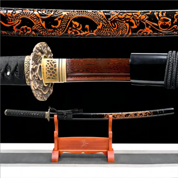 Carved Dragon Saya - Damascus Steel Blade - Blazeborn Dragon Katana