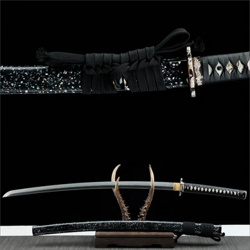 Fortune's Edge Katana - Saya noire incrustée de coquillages avec détails en corne - Cuivre avec incrustations d'or et d'argent