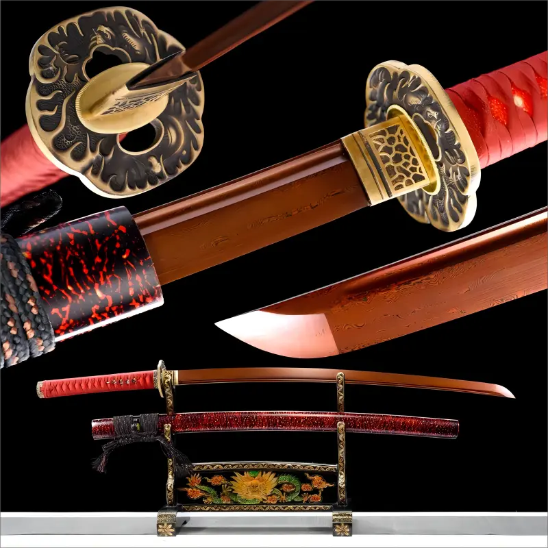 Red Damascus Steel Blade - Solid Wood Scabbard - Inferno Katana