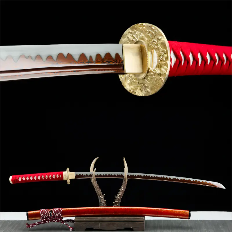 Hand Polished  Red Damascus Steel Blade - Hardwood Scabbard - Noble katana