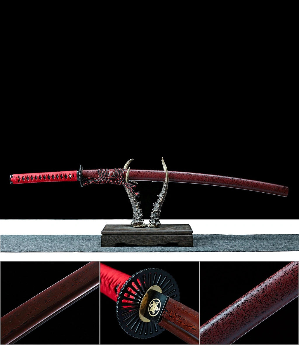 High-performance Japanese Katana Sword Red-Treated Damascus Pattern Steel Hand Forge