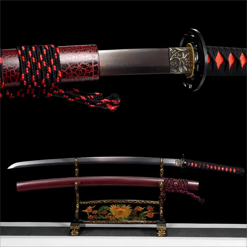 High performance - Handcrafted - Red Hues Damascus steel Blade - Rosewood Scabbard - Scarlet Shadow Katana